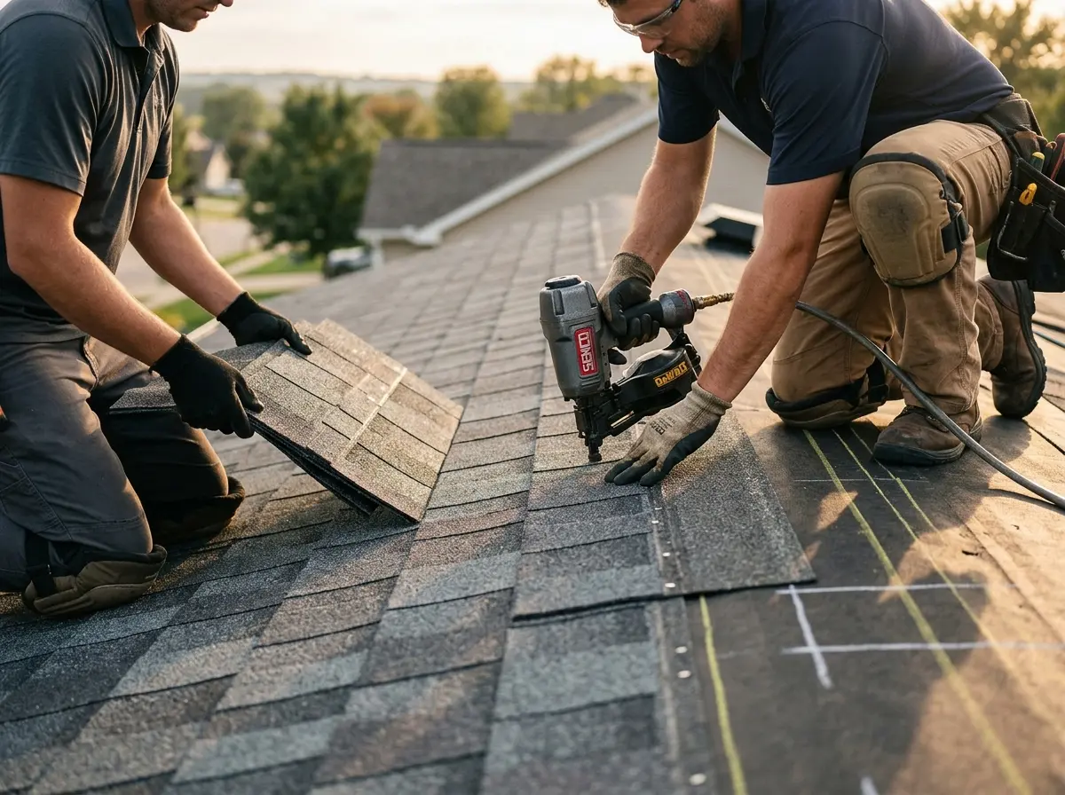 Professional roofer working on a residential roof in Cambridge